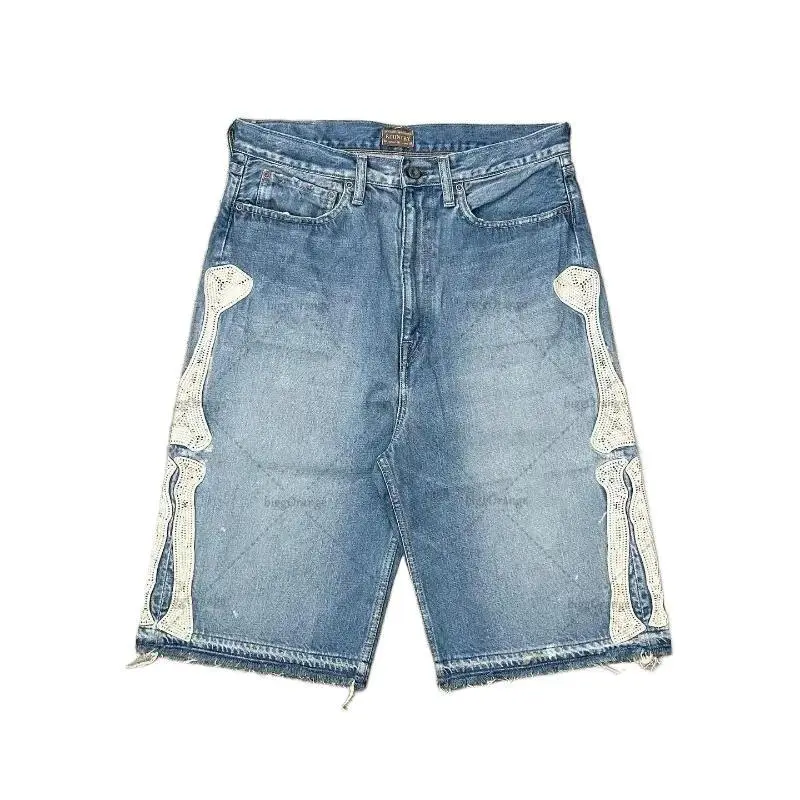 Men's Retro Denim Jorts with Bone & Letter Embroidery, 90s Look Streetwear Bottoms, Casual Summer Wear with Pockets, Men's Jorts, Jean Shorts