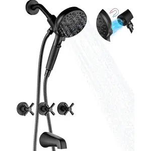 Matte Black 3 Handle Tub Shower Faucet, 3 Knob Shower Tub Faucet Set with with 10 Setting with  Handheld  Three Handle Tub and Shower Faucet Set