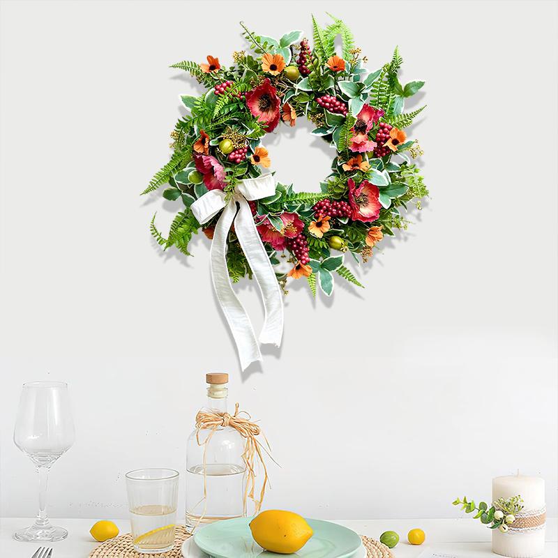 ZMOCEN-20" Faux Poppy Daisy Wreath with Berries - UV Resistant Weatherproof Greenery for Front Door, Porch & Farmhouse Window Decor - All Season Hanging Artificial Plant Wreath