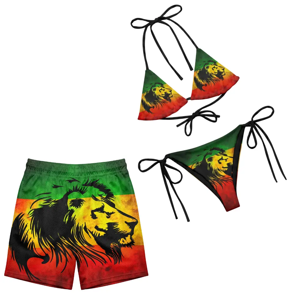 Matching Couple Swimwear, Rasta Lion Bikini & Mesh Shorts Set, Jamaican Reggae Flag Lion Print, Gift for Her Him Couple Sporty Strappy Swimsuit Bathing Suit Top