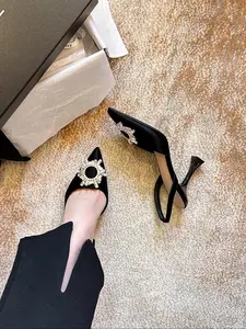 Sweet Sunflower Metal Buckle Design Pointed Toe High Heels, Sexy Stylish Spring & Fall Shoes, Medium Width, Less Than Ankle Height, Textile Upper Material