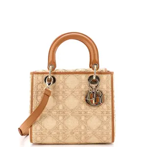 Pre-owned Dior Leather, Raffia Top Handle Bags Christian Lady Bag Cannage Embroidered Raffia with Leather Medium by Rebag