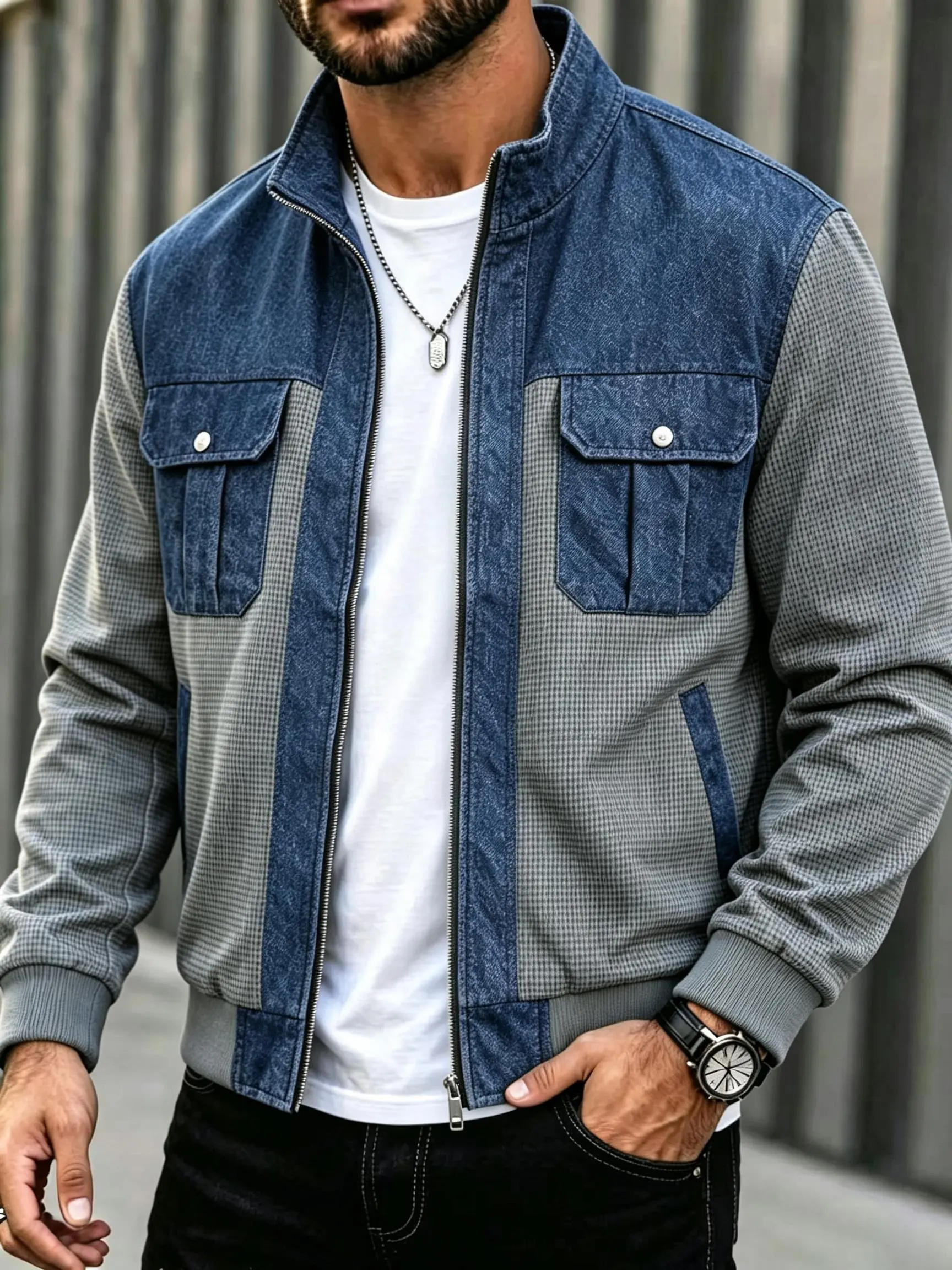 Men’s collared denim waffle-knit patchwork bomber jacket, full-zip color-block casual coat with flap pockets for everyday fall/winter outfits,sohochic