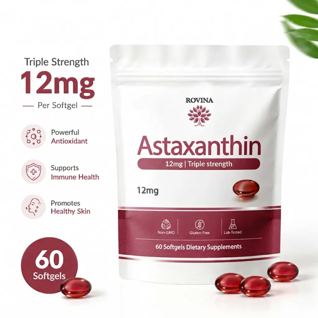 ROVINA Astaxanthin 12mg Softgels, High Potency Microalgae Antioxidant Supplement for Eye, Skin, Immune & Active Lifestyle Support, 60 Count