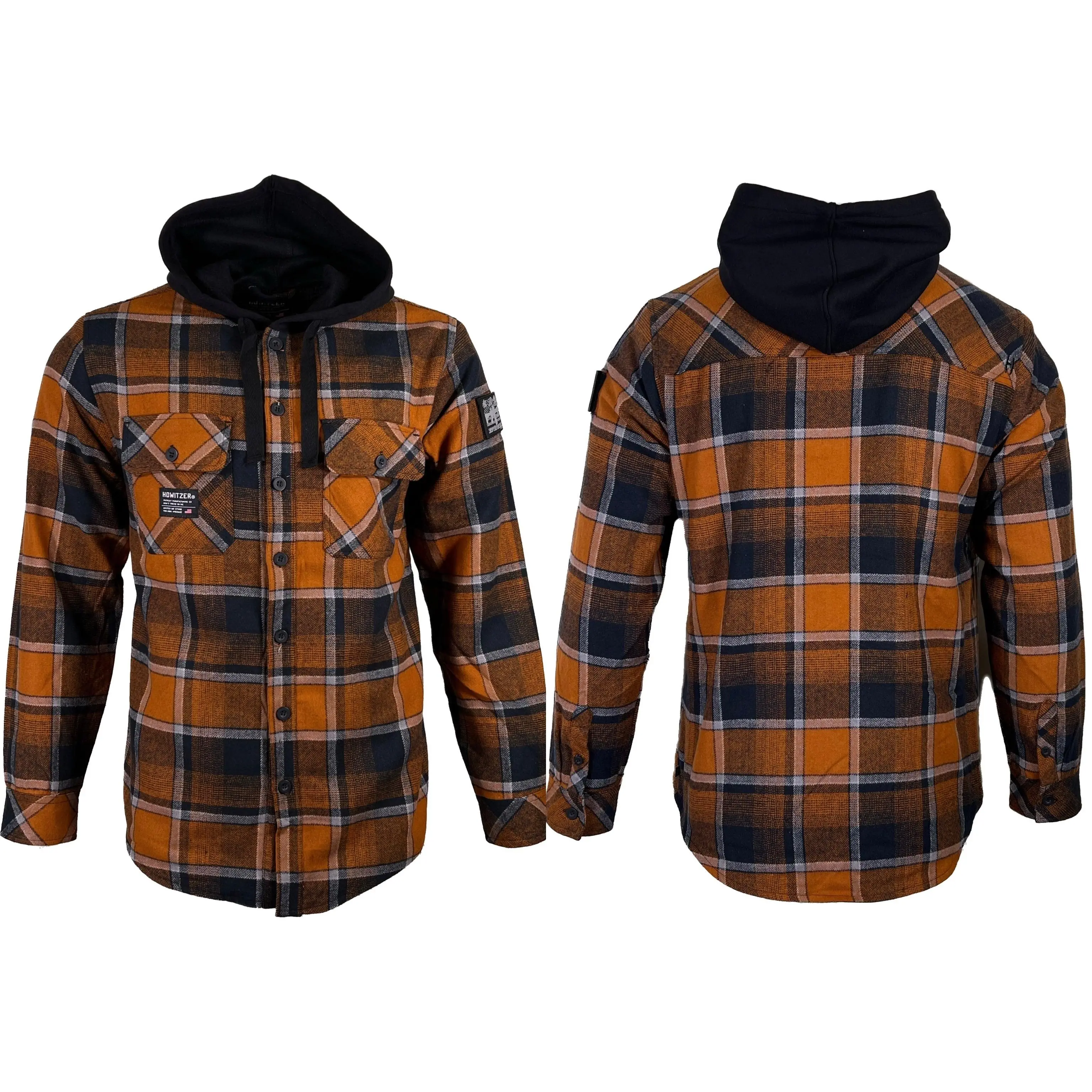 Howitzer Men's Plaid Flannel Hooded Shacket - Casual Checked Polyester Fabric Military Grunt Brown ARTILLERY-Inspired Top, Long Sleeve, Sweatshirts, Button, Artillery Look, Graphic, Cotton Blend, Sherpa Lined, All Season Wear, Gothic, Cold Wash, Do Not Bl