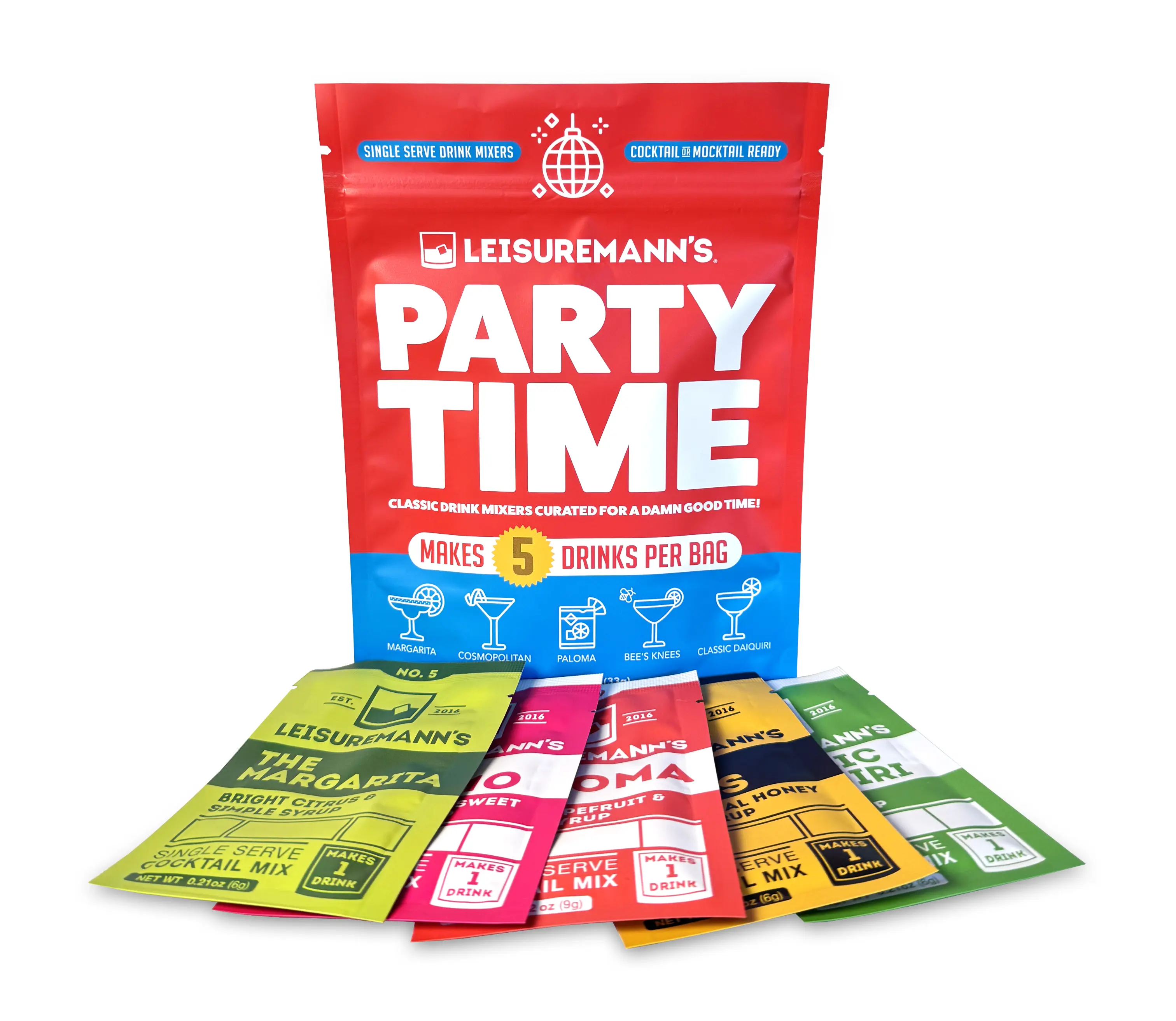 Leisuremann's Party Time - 5 Cocktail or Mocktail Single Serve Mixer Powders Set