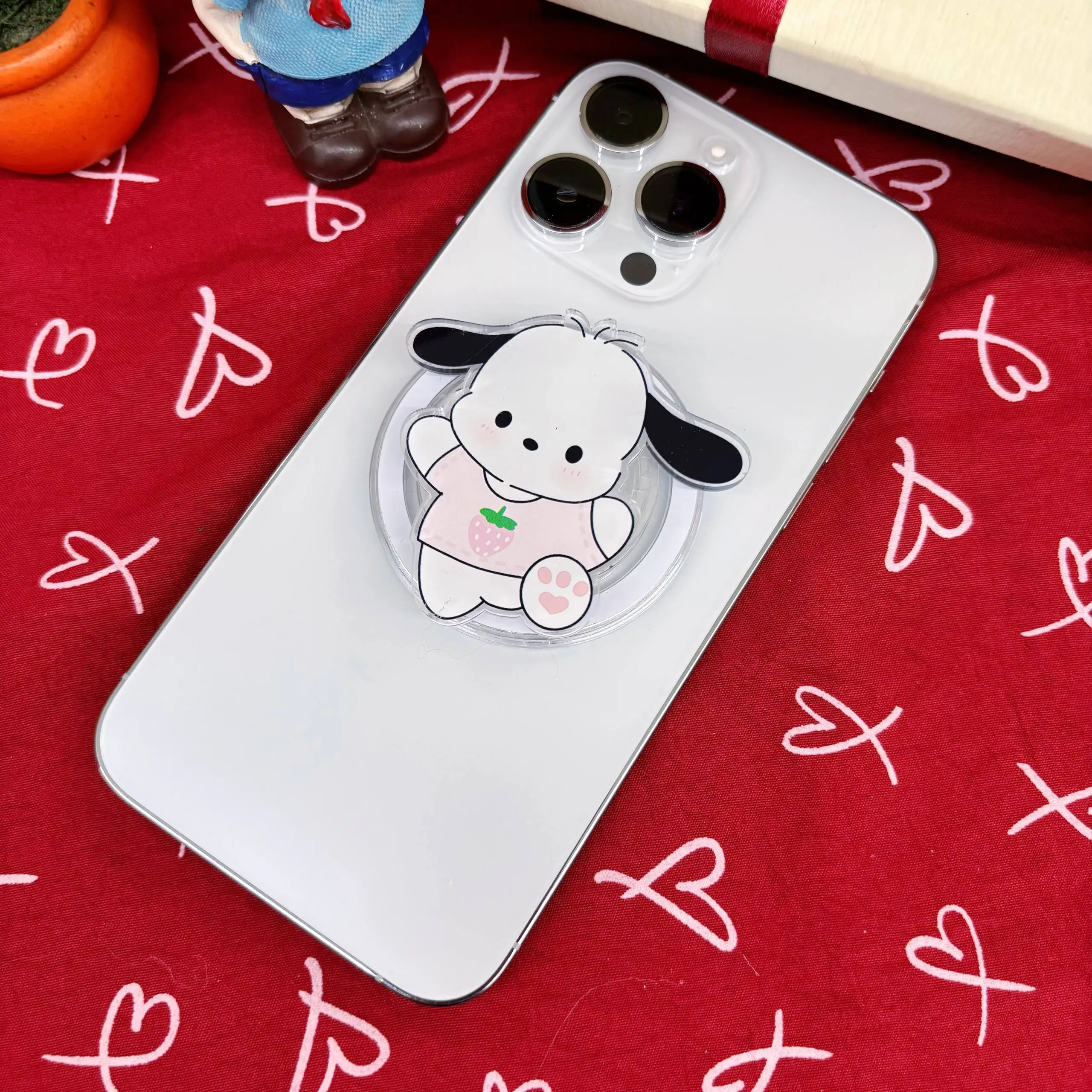 Cute White Puppy MagSafe Phone Grip Acrylic GripTok - Kawaii Strawberry Outfit Cell Phone Stand Holder, Soft Girl Dog Lover Gift for Teens Adults