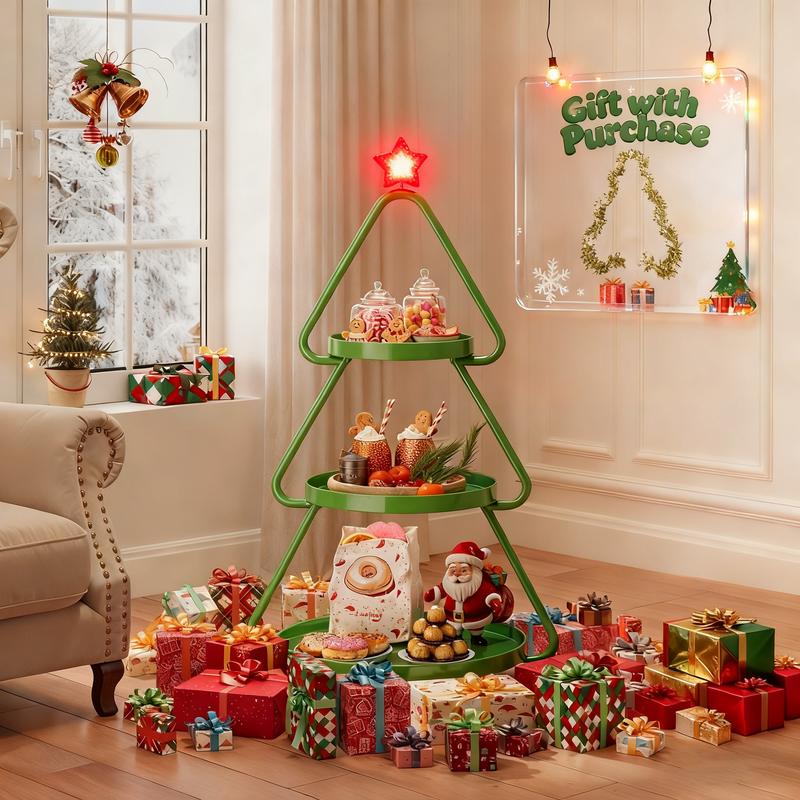 【New Year New Me】Pinmoco Christmas Tree Snack Shelf Cart, Halloween & Christmas Decorations Cupcake Tray Holiday Festival Wedding Bar Party Supplies, 3-Tier Rolling Stand for Festive Decor & Food Display