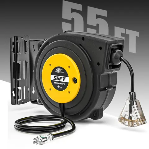 CRST Heavy Duty Retractable Extension Cord Reel - 14AWG SJTOW Tangle-Free Extension Cords, Lighted 3-Outlet Tap, 13A/125V/1625W Overload-Safe Retractor, UL Listed, Wall/Ceiling Mount, UV-Resistant, 36-Month Warranty, 55ft/50ft/30ft Options (Garage Use)