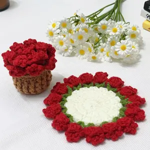 Valentine's Day Gift Handmade Rose Bouquet Coaster Set Knitted Flower Crochet Coaster With Storage Basket Girls Home Tableware