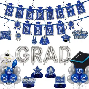 Royal blue  Balloon Garland Arch Kit with backdrop Stars Graduation Cap crown GRAD Letters Mylar Balloons for 2026 graduate Prom Decorationss