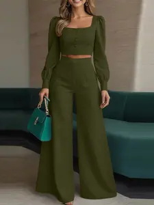 ZANZEA Women's 2-Piece Casual Chic Solid Color Set - Square Neck Long-Sleeve Open-Front Button Short Shirt + Back-Elastic Wide-Leg Pants for Daily Commute Wear