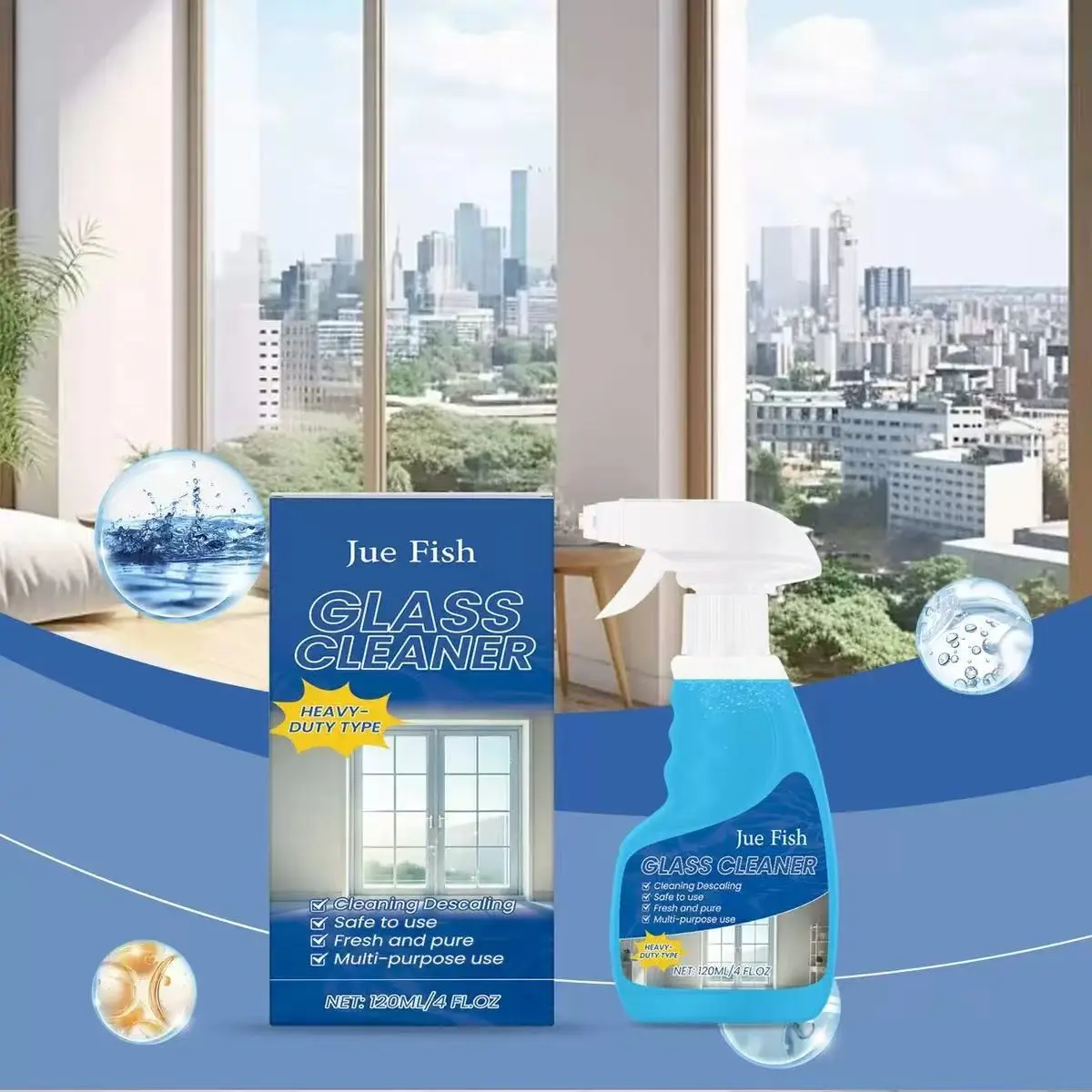 Jue-Fish Home Glass Cleaner Spray, Removes Oil Stains and Dirt, Household Glass Cleaning Agent, Effective Window and Mirror Cleaner, Stain Remover