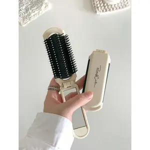 1pc Foldable Hair Comb With Mirror - Cream Portable Travel Comb For Salon & Home Use, Compact Hair Brush For Barber, Beauty Essentials & On-The-Go Styling
