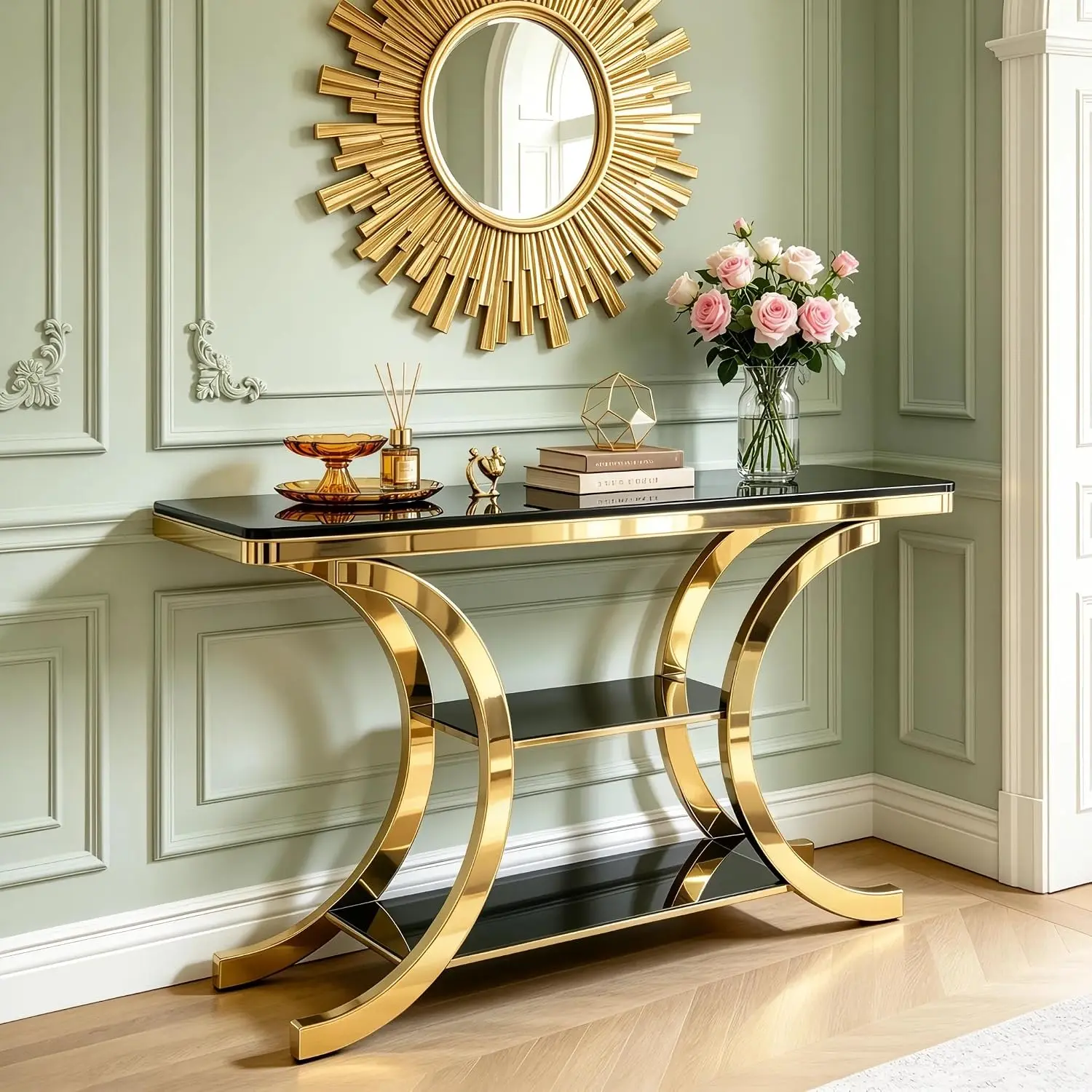 63-Inch Mirrored Console Table with Gold & Black Metal Frame, 3-Tier Entryway Table with Tempered Glass Open Storage, Rectangular Decor Display for Hallway, Living Room