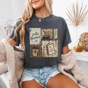 Comfort Colors Bookish Patchwork Faux Yarn TShirt, Fully Booked Graphic Tee, Unisex, Not Embroidered