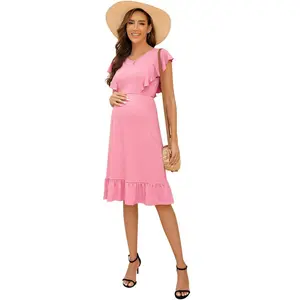 Clearlove Maternity Dress Baby Shower Dresses for Women Pleated A Line Waistband Short Sleeve V Neck Dress - Pink,Large
