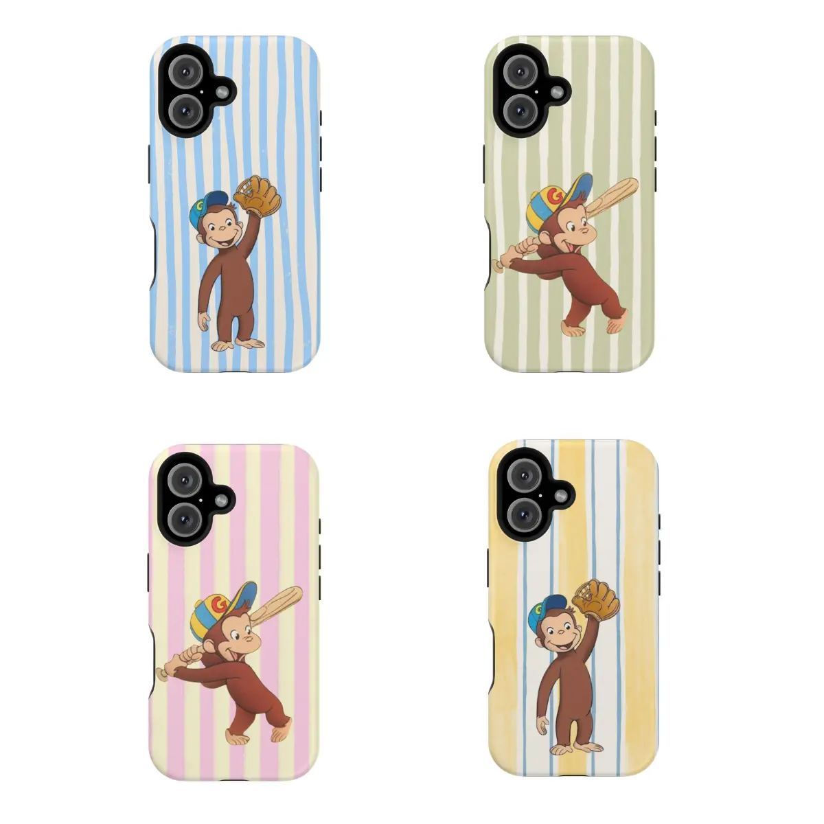 Cute Curious George Baseball Phone Case - Pastel Stripes, Baseball Vibes, Dual-Layer Shockproof, Full Wrap, Removable Padding, Durable Protective Shell for iPhone 17,16,15,14,13,12,11 Pro Max,X,XS & Galaxy S25,S24,S23,S22 Ultra Smartphone Accessories, Pol