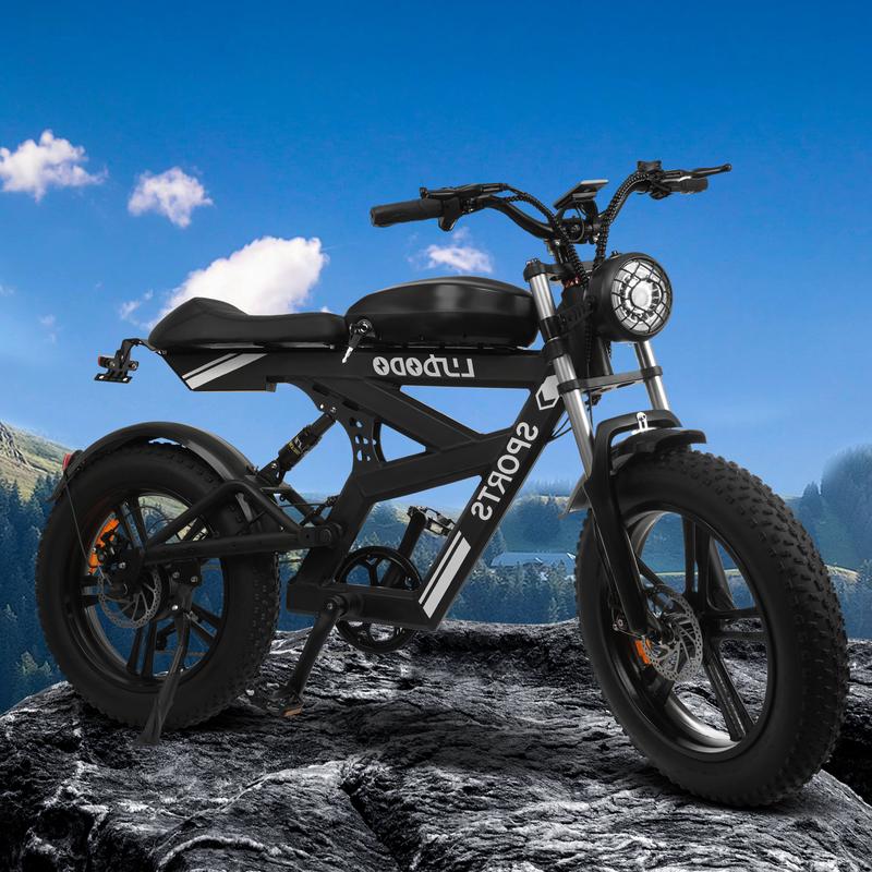 Moped Style Ebike for Adults740W, Max 19MPH & 70-150 Miles, Long Seat Electric Dirt Bike with 20" Fat Tire, Full Suspension E Bike All Terrain Gravelbike