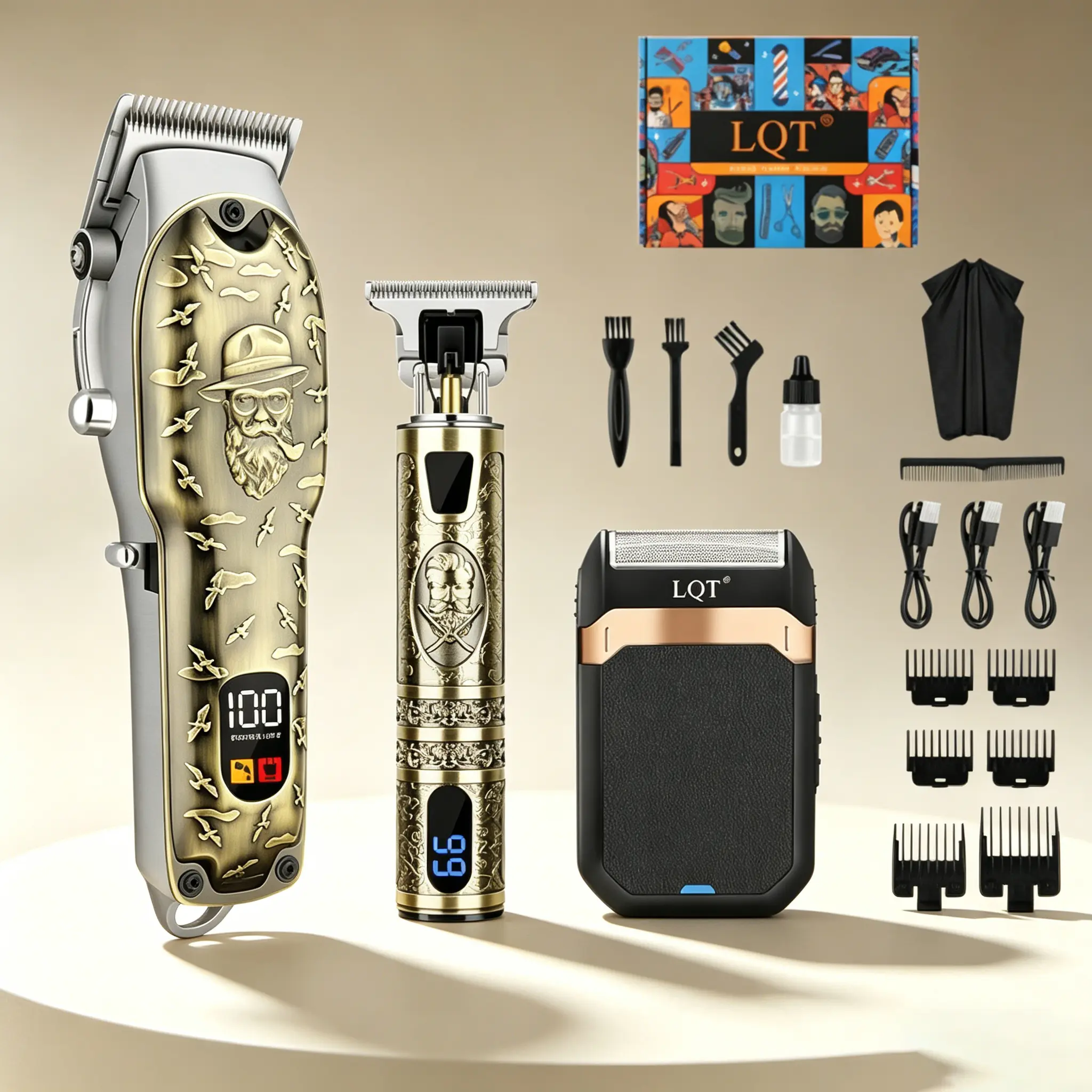 LQT Luxury Grooming Kit for Men, 3-Piece Vintage Barber Set with Cordless Hair Clipper, Precision Trimmer & Rechargeable Foil Shaver, Stainless Steel, Face, Brushless Cordless Hair Trimmers & Clippers, Buzzcut Hair Trimmers & Clippers