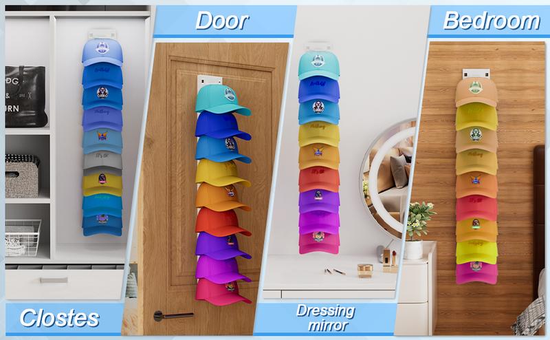 2  Pack Hat Organizer Wall Mounted Adhesive Cap Rack Holds 18 Hats for Closet Door Bedroom Black or White
