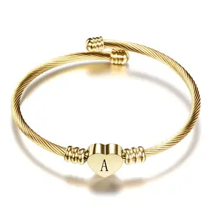 Stainless Steel Cable Bangle with Personalized Initial Charm for Women, Elegant College Style Accessory for Daily Wear, College Look