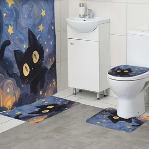 1/4pc Starry Sky Black Cat Pattern Bathroom Set, The 4-piece set includes a single shower curtain, anti slip floor mat, toilet U-shaped mat, toilet lid mat, with shower curtain hook, and belongs to bathroom decoration products
