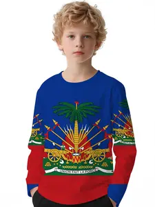 Haiti National Emblem Contrast Color Shirt, Digital Printing Long-sleeve Crewneck Drop-shoulder Sweatshirt Top T-shirt, Long-sleeve, Boys' Long-sleeve T-shirt for Spring and Autumn, 100% Polyester, The Best Gift for Boys