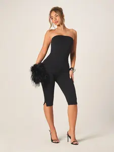American Style Crop Top Strapless Seven-Part Bodycon Pants, Jumpsuit, No Shoulder Straps, High Elasticity, Split Hem, Perfect for Dates and Parties