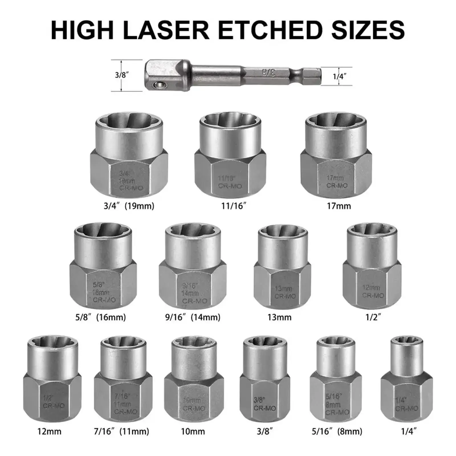 15PCS SAE Nut & Bolt Extractor Set, 3/8"-Drive Heat-Treated High-Hardness Hand Tools with Extension Bar, Stripped Lug Nut Remover for Rusted, Frozen, Damaged Bolts, Father's Day Gift