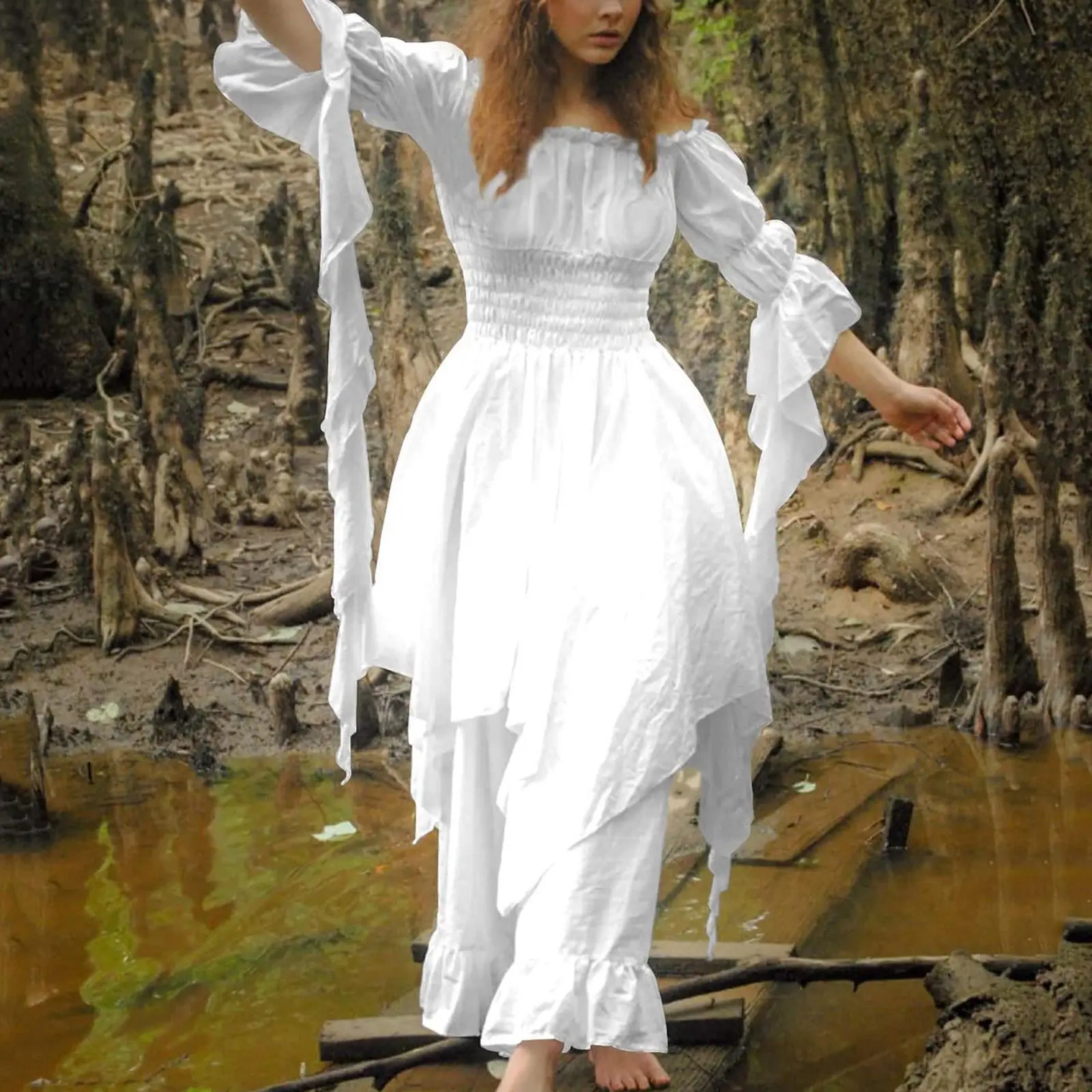 Vintage Victorian Medieval Dress White Renaissance Dress Women Gothic Cosplay Halloween Costume Prom Princess Gown Dresses Casual
