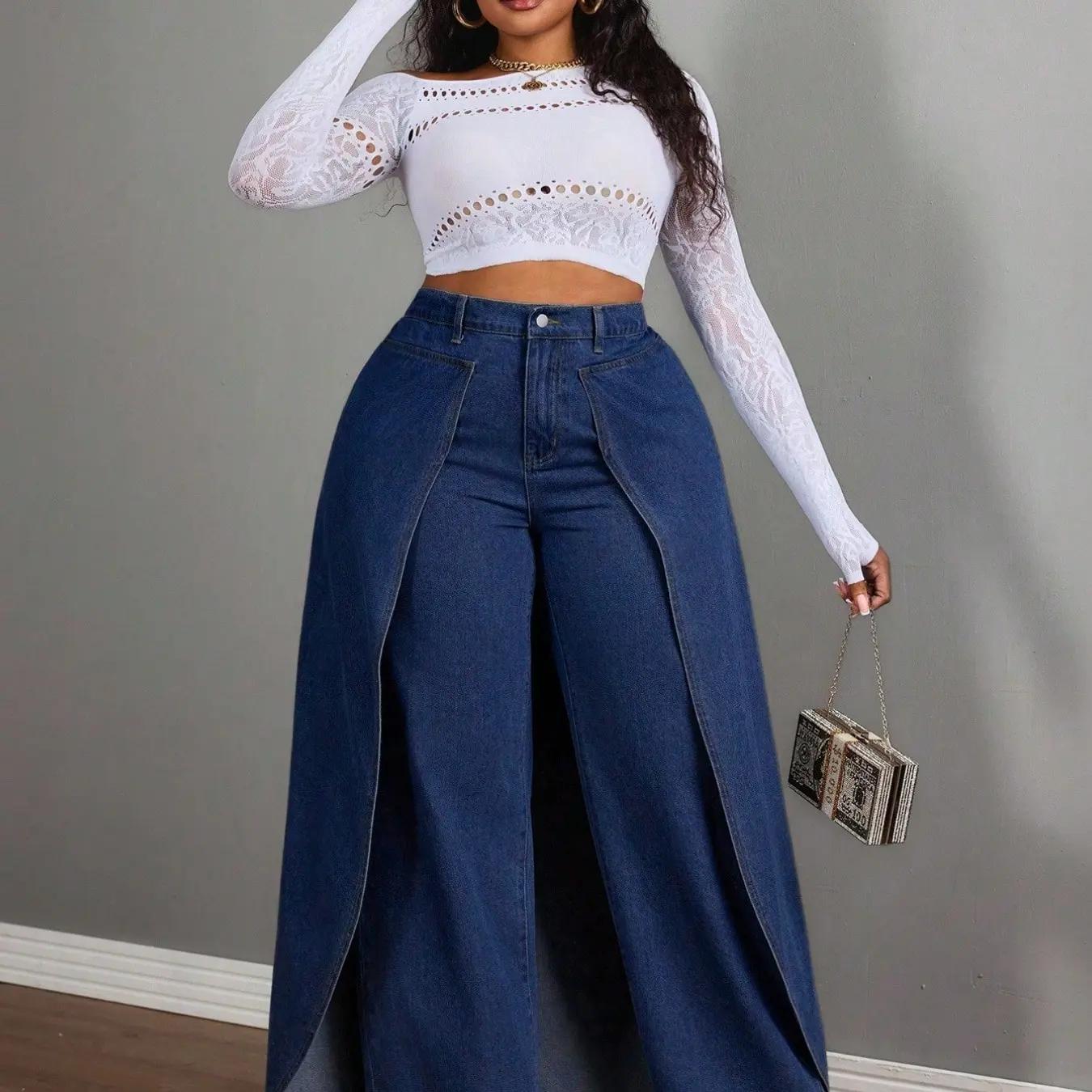 Women's Plus Size Two-Piece Denim Jeans, Casual Faux Two-Piece Design, Comfortable and Stylish Jeans for Everyday Wear, Pants, Womenswear