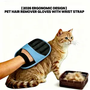 Upgraded Pet Hair Remover Gloves, Ergonomic Finger Fit Design with Elastic Wrist Strap, Reusable Dog Cat Grooming Mitt for Fur Removal on Furniture, 1 Pair