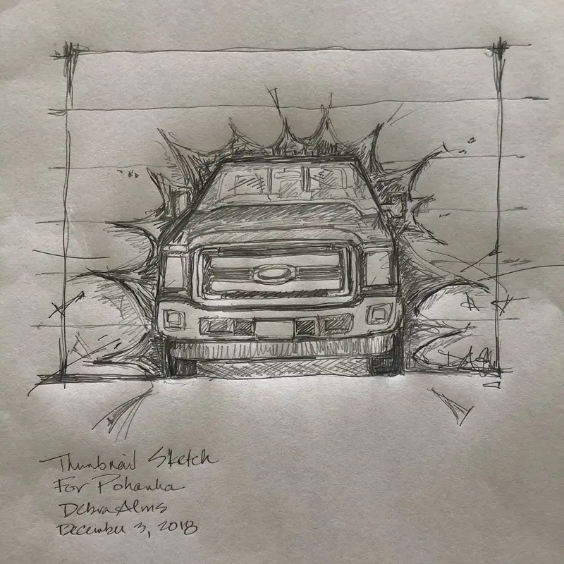 Debra L. Alms Pencil Drawing Print "Truck Busting Through Garage Door" - Thumbnail Stylized Design