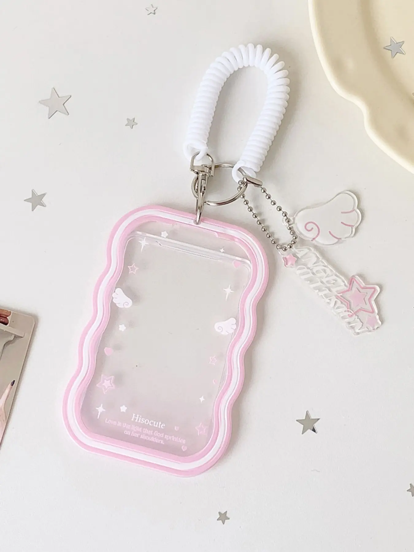 Korean Style High Aesthetic Elastic Rope 3 Inch Keychain Card Holder, Cute Angel Wings Small Card Display Case, Bus Pass Case, Id Card Holder