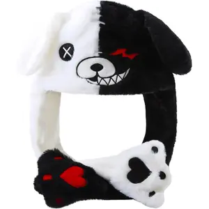 L-P011  Interactive Black & White Bear Hat with Moving Ears - Press to Jump and Watch the Ears Come to Life! Fun Novelty Gift for Women & Girls