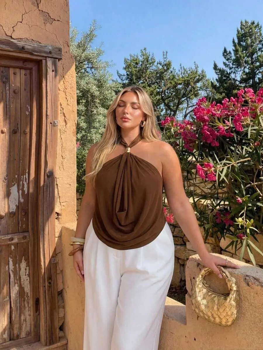 CurveHaus Auralis New Halter Neck Style With Metal Buckle Decoration, Exquisite And Elegant, Loose-Fitting Draped Neck, Loose Pockets, Brown Plus Size Women's Top