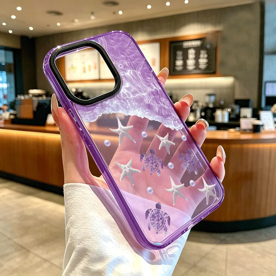 Crystal Phone Case for iPhone 16 Pro Max, 15 Plus, 14, 13, 12, 11 – Purple Ocean Waves Design with Sea Turtle, Starfish, Pearl – Anti-Yellowing, Shockproof, Durable, Ultra-Thin Smartphone Accessory for Handheld Cellphone Devices