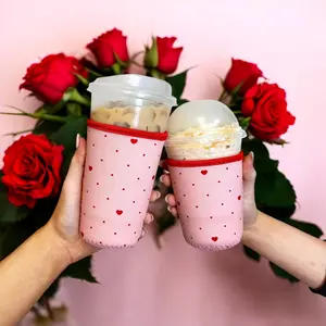 Red Heart Pink Iced Coffee Sleeve, Coffee Coozie Beverage Drinkware Reusable Disposable Water Proof