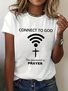 Women's Prayer T-Shirt - Connect to God Jesus Funny Religious Letter Print Short Sleeve Crew Neck Top, -Based Casual Summer Spring Tee for Church Outfits & Spiritual Wear