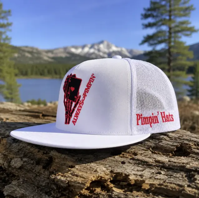 Blue/ Pink Always Pimpin' Playing Cards Skeleton Hand Trucker Hat – White Mesh Snapback Flat Bill Cap – Poker Card Embroidered Outdoor Baseball Hat for Men & Women
