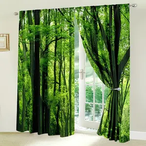 2pcs Forest Semi-Transparent Curtains with Green Trees, Jungle Branches, and Natural Scenery. Featuring a rod-hanging design, high-definition digital printing, and machine-washable fabric, these curtains are suitable for use in bedrooms and living rooms.