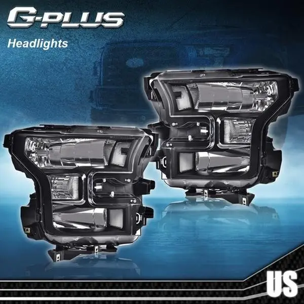G-PLUS Headlights for 2015 2016 2017 Ford F150 Pickup Left+Right Clear Corner Black Headlights