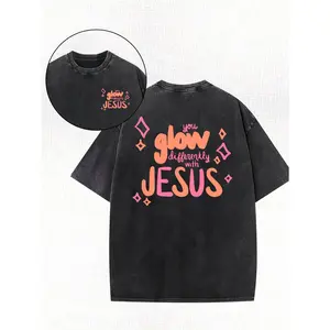 Faith T-Shirt Compatible for Church & Religious Events - Jesus God Religious Beliefs Design, 100% Cotton Loose Fit Casual Wear, Vintage Wash Short Sleeve Round Neck Tee for Daily Ministry Apparel 230G