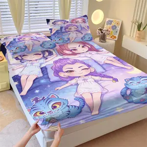 3-Piece K-pop Anime Girls Sleepover Fitted Sheet Set, 1 Fitted Sheet + 2 Pillowcases, Soft Comfortable Breathable Fabric, Deep Pocket Non-Slip Mattress Cover, All Season Kawaii Cartoon Bedding, Ideal for Kids Girls Teens Bedroom Decor or Gift