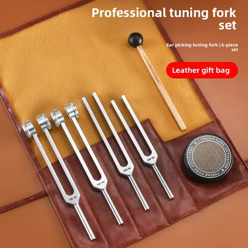 Resonance Sound Healing Tuning Fork Set 128Hz 136.1Hz 256Hz 384Hz with Activator Sound Therapy for Stress Relief Chakra Balancing Deep Relaxation Professional 6-Piece Set in Leather Gift Bag