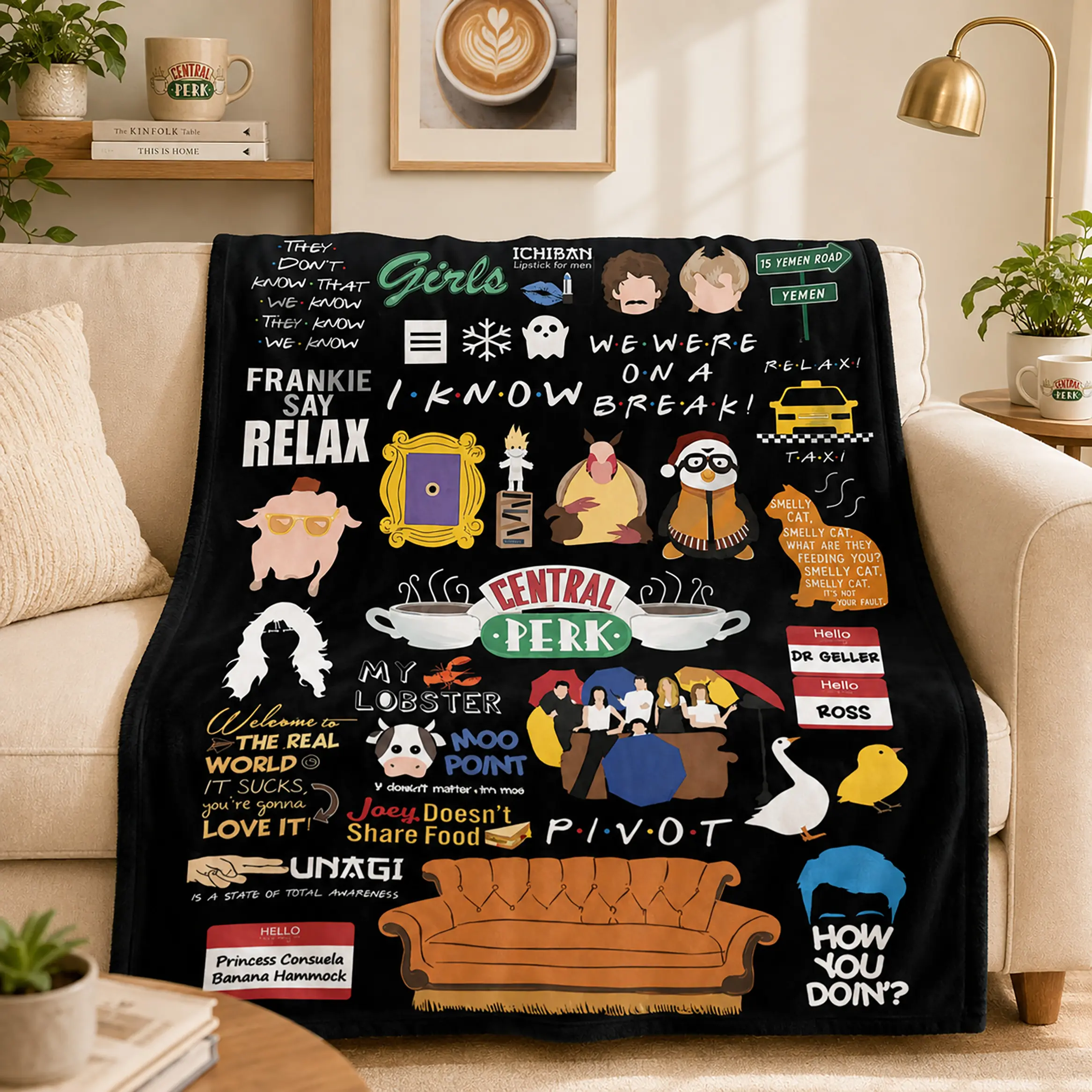 Friends TV Show Throw Blanket Ultra Soft Flannel Fleece Lightweight Warm Cozy Plush Central Perk Quote Collage Graphic Bed Blanket For Bedroom Living Room Sofa Couch Dorm Travel Camping All Season Home Decor Teens Adults Fans
