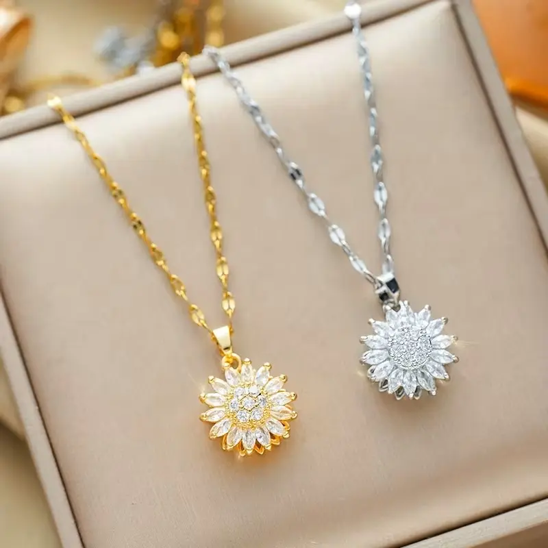 Sunflower Pendant Necklace Rotating Charm Floral Sparkling Dainty Jewelry Trendy Gift for Her Cute Everyday Necklace Aesthetic Jewelry Piece Unique Spinning Pendant Viral Boutique Accessory Stylish Feminine Necklace for Layering and Daily Wear