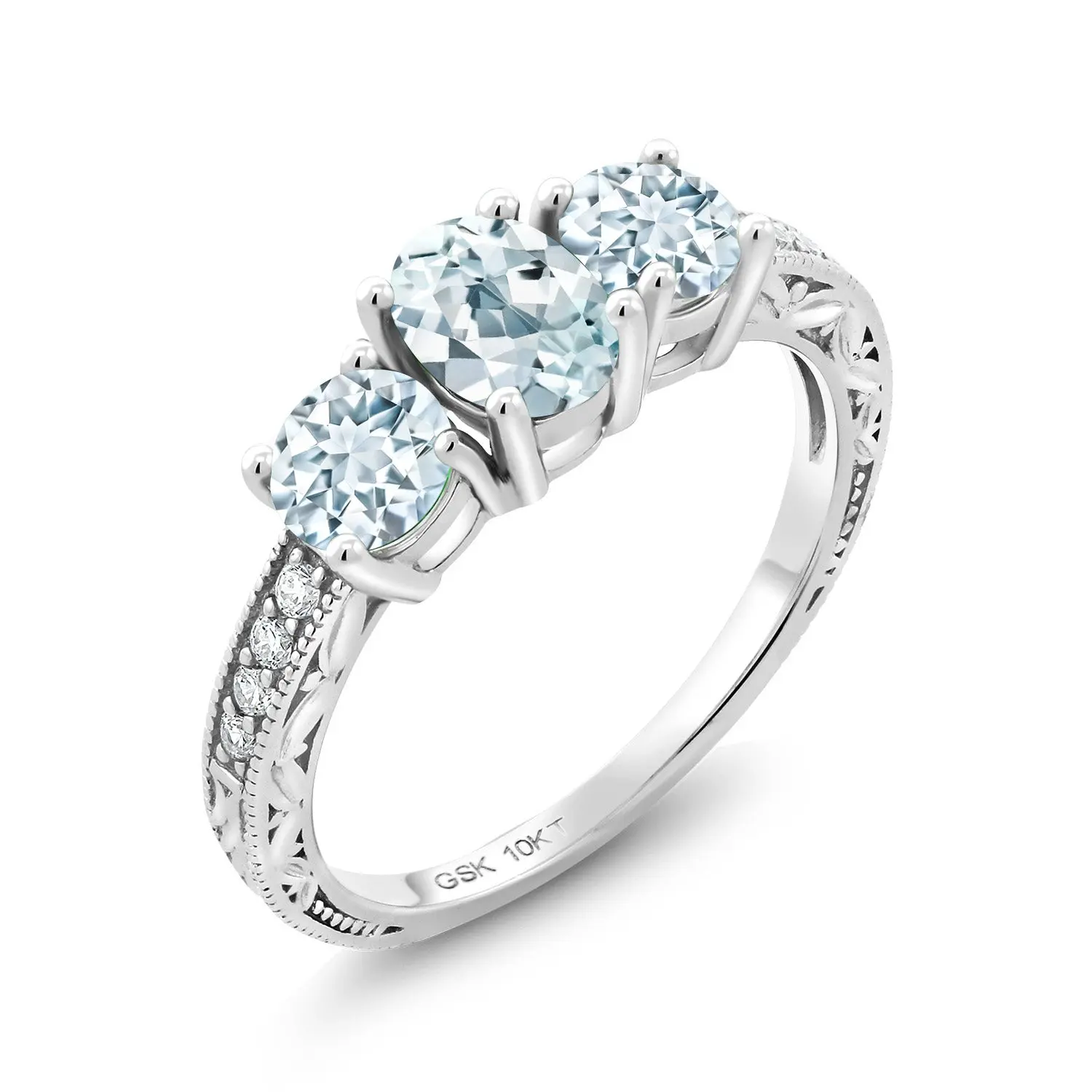 10K White Gold Gemstone Birthstone and Lab Grown Diamond 3-Stone Engagement Ring | Oval 7X5MM and Round 5MM | Three Stone Wedding Anniversary Promise Ring For Women