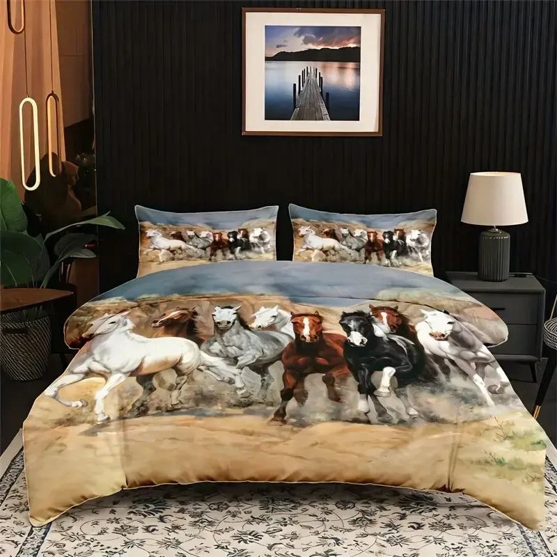 3 Piece Horse Down Comforter Set, Polyester Bedding Set, Decorative Bedding Set, 2D Printed Wildlife Design with Pillowcases, Soft Breathable Bedding for Bedroom Dormitory Home Decor, Bedding Sets